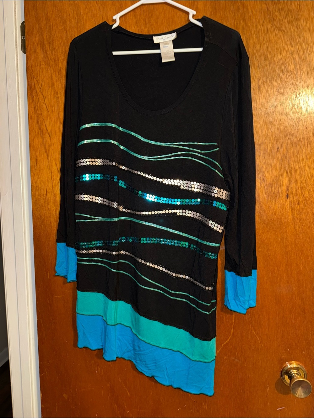 Black Tunic with Teal Wave Sequins - Women's Tunic Top
